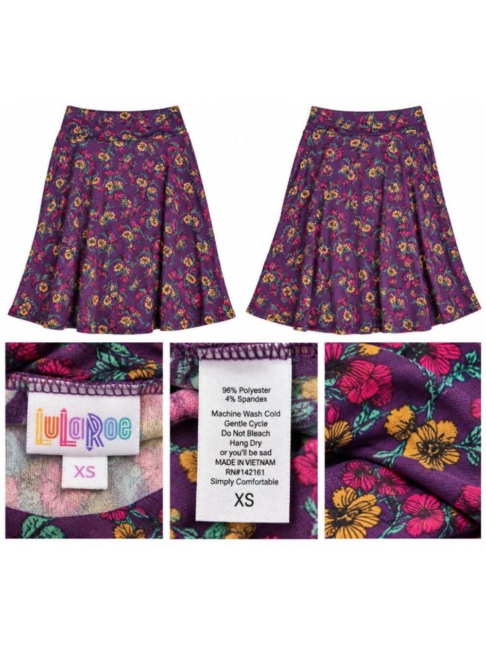 LuLaRoe Women’s XS Purple Floral Print Flared Skater Skirt skun